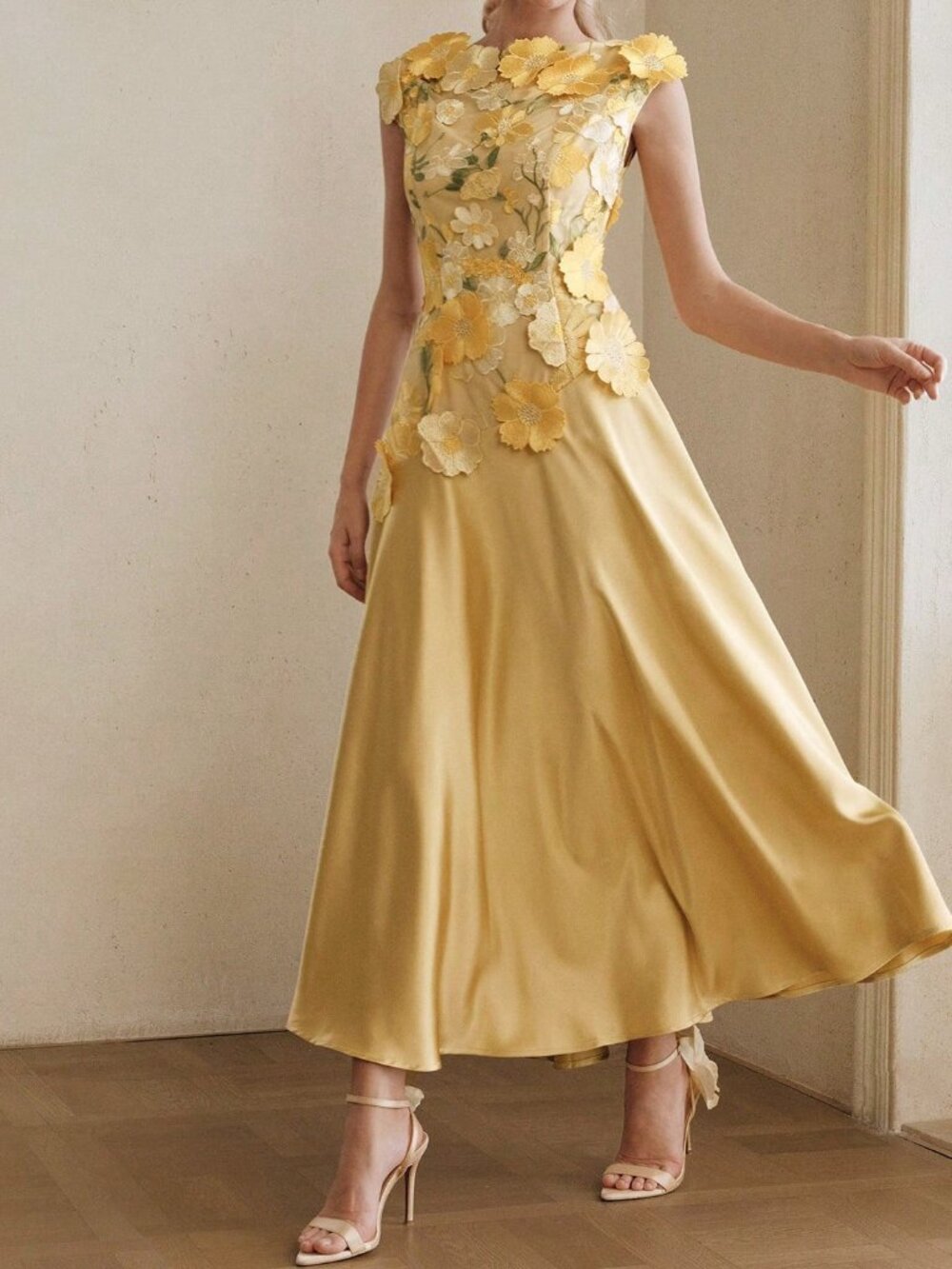 Yellow Elegant Women's A-Line Dress With 3d Floral - Picture 3 of 7